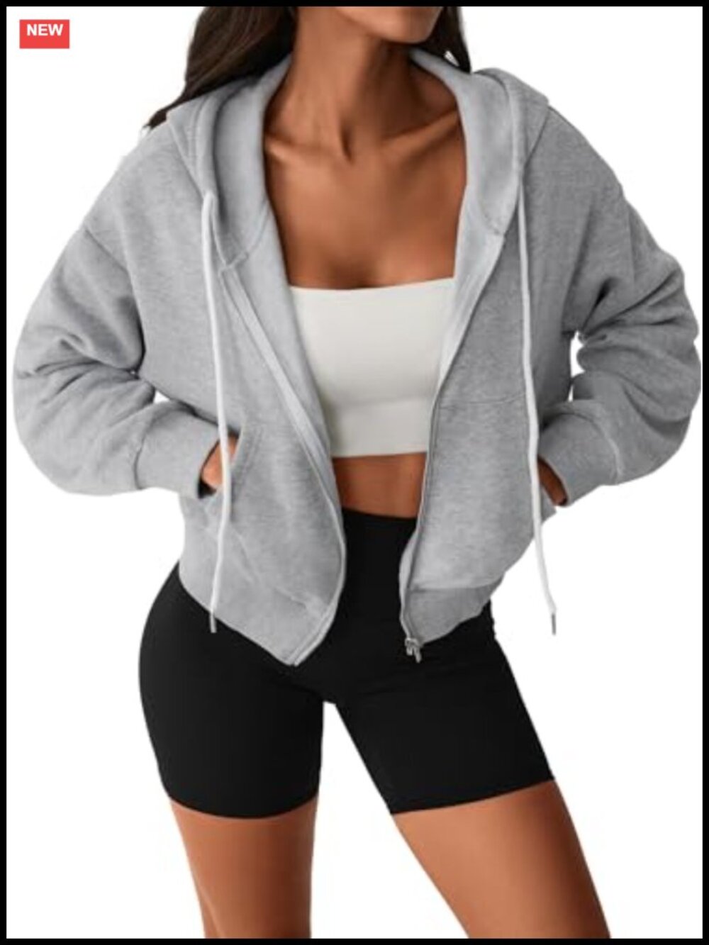 Cropped Zip Up Hoodie Drawstring Long Sleeve Hooded Jacket with Pockets